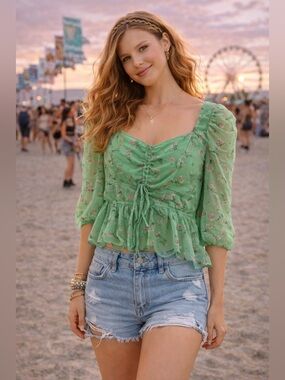 Athena Green Floral Boho Top XL Sheer Peplum Festival Blouse Lime Green